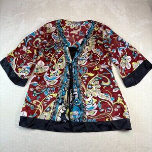 Hale Bob Silk Floral Kimono Style Blouse Womens Large V Neck Boho Artsy Tassel G
